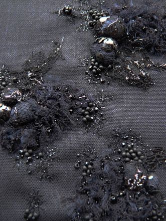 Beautiful Black And Grey Fabric, Textures Fabric, Beaded Textiles, Surface Embellishment, Embelishments Ideas Clothing, Embellishment Ideas, Textile Manipulate, Embroidery Texture, Black Embroidery