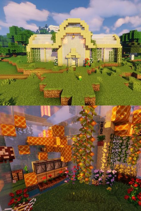 Bee Farms Minecraft, Bee Farm Ideas Minecraft, Minecraft Bee Hive Ideas, Bee Dome Minecraft Build, Minecraft Bee Farm Design, Minecraft Bee Greenhouse, Skyblock Builds, Minecraft Bee Hive Build, Bee Enclosure Minecraft