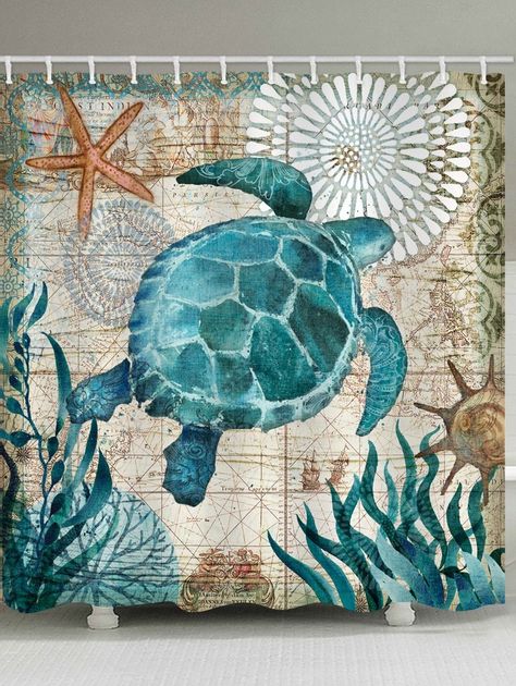 Nautical Turtle Print Waterproof Shower Curtain - Turtle Bathroom, Coastal Shower Curtain, Do It Yourself Decoration, Funny Shower Curtains, Decor Baie, Unique Shower Curtain, Curtain Material, Patterned Shower Curtain, Bath Tub