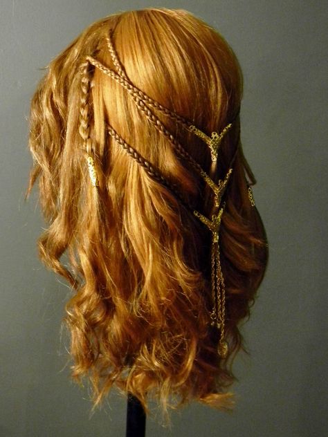 Custom styled costume wig. This started out as a straight wig with bangs and has been heat set with waves and subtle curls and 8 braids, 6 of which are intersecting in the back. The embellishments ... Subtle Curls, 8 Braids, Viking Shieldmaiden, Viking Makeup, Josephine Nicole, Straight Wig With Bangs, Celtic Braid, Celtic Hair, Medieval Hairstyles