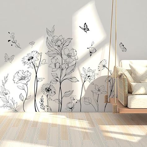 Black Flower Wall, Floral Wall Stickers, Girls Wall Stickers, Background Baby, Flower Mural, Botanical Wall Decor, Flower Wall Decals, Deco Stickers, Wall Vinyl Decor