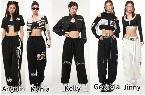 Black Dance Outfit Hip Hop, Black And White Dance Outfit, Dance Performance Outfits Hip Hop, Dance Performance Outfits, Dreamy Outfits, Futuristic Outfits, Hip Hop Dance Outfits, Korean Outfits Kpop, Group Outfits