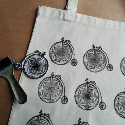 Penny Farthing, Handbag Storage, Hand Printed Fabric, Vintage Bicycle, Printing Ink, Vintage Bicycles, Block Printing, Folded Up, Printed Bags