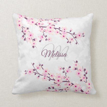 Pink Stripes Background, Cherry Blossom Decor, Monogram Throw Pillow, Cushion Cover Designs, Sakura Cherry Blossom, Personalized Pillows, Throw Pillow Sizes, Modern Gift, Pink Gifts