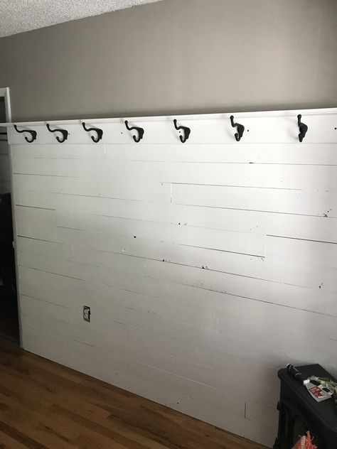 Our mudroom shiplap wall with coat hooks! Love! Mudroom Shiplap Wall, Shiplap Coat Rack Wall, Shiplap Wall With Hooks, Wall Of Hooks, Shiplap Coat Rack, Basement Vibes, Mudroom Hooks, Garage Entryway, Basement Flat