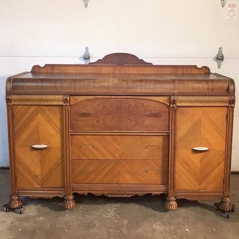 Waterfall Buffet Makeover, How To Restain Wood, Waterfall Buffet, Waterfall Furniture, Art Deco Buffet, Gel Stains, Waterfall Dresser, Restoring Old Furniture, Buffet Makeover