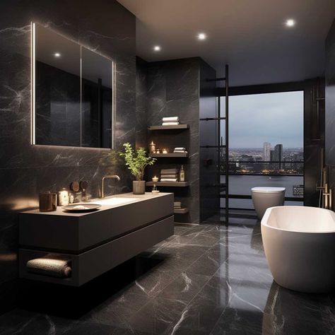 10+ Ideas for Creating a Luxury Modern Black Bathroom to Impress • 333+ Images • [ArtFacade] Dark Luxury Bathroom, Black Luxury Bathroom, Wet Bathroom Ideas, Dark Modern Bathroom, Monochromatic Bathroom, Black Marble Bathroom, Classy Bathroom, Modern Black Bathroom, Spa Style Bathroom