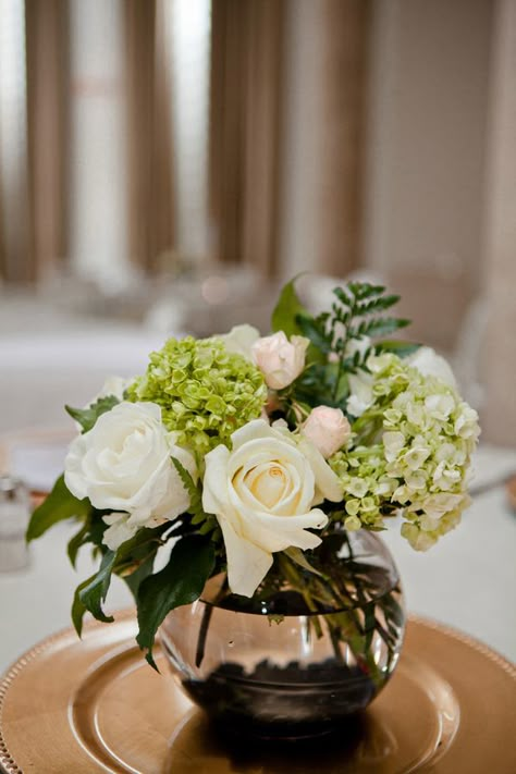 Gold And White Wedding, Roses And Hydrangeas, Canadian Wedding, Bridesmaid Luncheon, Edmonton Wedding, Wedding Decorating, Pale Pink Roses, Bowl Vase, Flower Vase Arrangements