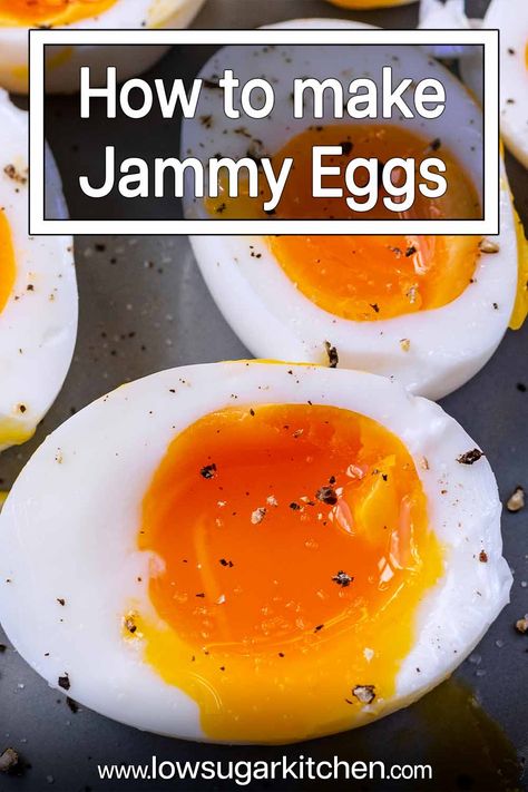 Follow all our tips and tricks for making the perfect jammy eggs (also known as soft boiled, but not runny, eggs). A soft, jam like egg yolk with a firm egg white is the best way to serve eggs and so versatile too. Jammy Eggs, Runny Eggs, How To Make Eggs, Fluffy Eggs, Low Sugar Diet, Low Sugar Recipes, Soft Boiled Eggs, Bulk Food, No Sugar Foods