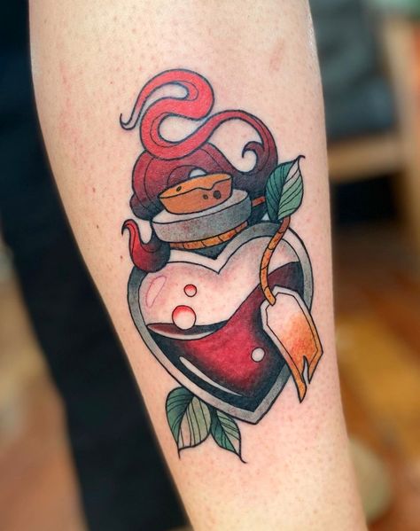 By @svobodaclaudia "Thank you, Hannah!" #tattoo #colortattoo #neotraditionaltattoos #neotraditionaltattoo #neotraditionalcolortattoo #stltattooist #stltattoos #cherokeestreet #alchemytattoocollective #hearttattoo #neotraditionalhearttattoo #neotraditionalpotionbottle #flashtattoo #valentinesdayart #valentinesdaytattoo #potionbottletattoo Potion Tattoo Color, Heart Bottle Tattoo, Heart Potion Bottle Tattoo, Love Potion Tattoo, Potion Bottle Tattoo, Coloring Tattoo, Hannah Tattoo, Couple Tat, Crow Tattoo Design