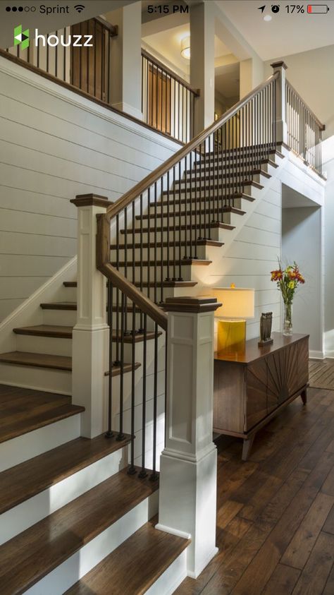 11+ Modern Stair Railing Designs That Are Perfect! | Rustic wood floors, Ship lap walls, House ... Iron And Wood Stair Railing, Stairs Makeover Design, Stair Railing Makeover, درج السلم, Stair Renovation, Interior Stair Railing, Lakehouse Ideas, Staircase Designs, Stair Banister