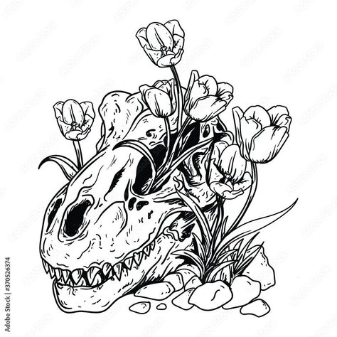 Dinosaur Skeleton Tattoo, Tyrannosaurus Rex Skull, T Rex Tattoo, T Rex Skull, Skull Tattoo Flowers, Skeleton Tattoo, Skull With Flowers, Dinosaur Tattoos, Skeleton Tattoos