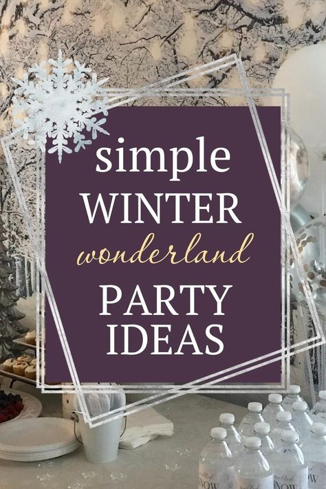 Simple winter wonderland party ideas. Snowy trees backdrop, melted snow water bottles, balloons Winter Wonderland Luncheon, White Christmas Party Decorations Ideas, Diy Winter Party Decorations, Easy Winter Party Decorations, Winter Themed Party Food Ideas, Winter White Theme Party, Snowball Party Ideas, Winter Wonderland Party For Adults, Winter Parties Ideas