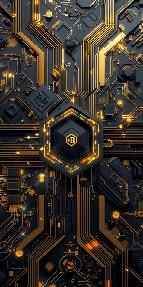 Black and Gold Cyberpunk Mobile Wallpaper Hexagonal Pattern Design, Cyberpunk Wallpaper Aesthetic, Futuristic Technology Aesthetic, Dark Cyberpunk Aesthetic, Gold Cyberpunk, Gold Background Aesthetic, Themes For Mobile Phone, Yellow Cyberpunk, Gold Futuristic