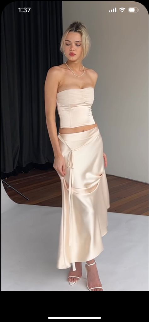 Silk corset top and long skirt champagne set Matching Skirt And Top Set Satin, Corset And Silk Skirt Outfits, Two Piece Silk Dress, Silk Top And Skirt Outfit, Prom Skirt And Top Two Pieces, Satin Skirt And Top Set, Silk Skirt Corset Top, Two Piece Satin Dress, Two Piece Corset Top And Skirt