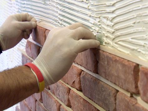 Create an eye-catching brick veneer accent wall with these step-by-step instructions on DIYNetwork.com. Brick Veneer Wall, Fake Brick Wall, Deco Spa, Fake Brick, Brick Accent Wall, Brick Accent Walls, Brick Interior Wall, Brick Interior, A Brick Wall