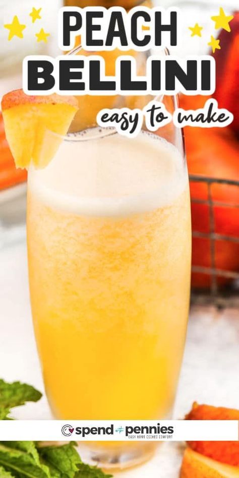 Peach Bellinis are fresh and sweet, and it's no wonder they are the hit of summertime parties and backyard barbecues! These easy-to-make cocktails have just 3 ingredients and they are so simple to mix up in the blender for a frozen treat. Use some iced wine or Prosecco and make a new poolside tradition with this tasty cocktail recipe. #peachbellinis #peachbellinirecipe #frozenpeachbellinis #spendwithpennies Peach Schnapps Drinks Recipes, Belini Recipe, Peach Schnapps Drinks, Bellini Drink, Peach Cocktail Recipe, Peach Bellini Recipe, Peach Bellini Cocktail, Frozen Peach Bellini, Easy To Make Cocktails