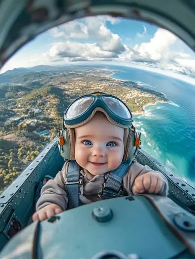 ↑↑↑ Larger size on website 🔸 A baby is sitting in the cockpit of an airplane, wearing aviator goggles and a harness. They are smi Propeller Airplane, Pilot Helmet, Aviator Goggles, Airplane Propeller, Bright Blue Sky, Fish Eye, Long Shot, Wide Angle Lens, White Clouds