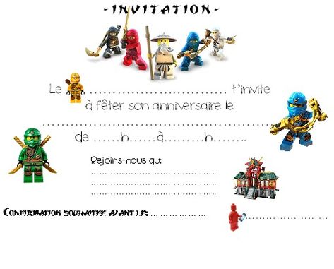 Numéro Bis se passionne pour les Lego en ce moment. J’ai appris qu’il existe des Lego Star Wars, des Lego City, des Ninjago, etc. J’ai aussi appris que je ne dois plus passer l&rs… Ninjago Invitations, Ninja Invitations, Lego Invitations, Ninjago Birthday, Lego Party, Lego City, Lego Star, Lego Ninjago, Lego Star Wars