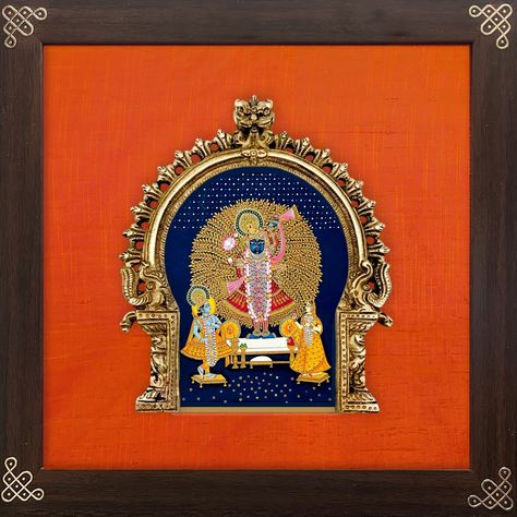 Indian ethnic art : digitally printed and embellished with brass prabhavali backed with rich vibrant raw silk & teakwood finish synthetic wooden frame. 11x11 inches. #brass #prabhavali #homedecor #walldecor #indianart #gift #giftideas Silk Backdrop, Pichwai Art, Pichwai Paintings, Indian Folk Art, Ethnic Art, Raw Silk, Indian Art, Artifacts, Wooden Frame