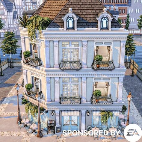 | ✨ #eapartner Parisian townhouse inspired build 🤍 I used the new kits Cozy Bistro and Riviera retreat. This build has no CC this time and … | Instagram Parisian House Sims 4, Sims 4 House Newcrest, Spire Apartment Sims 4, Parisian Sims 4, Sims 4 London Townhouse, Sims 4 European House, Sims 4 Nyc Apartment, Sims 4 Cc Townhouse, Sims 4 Parisian Apartment