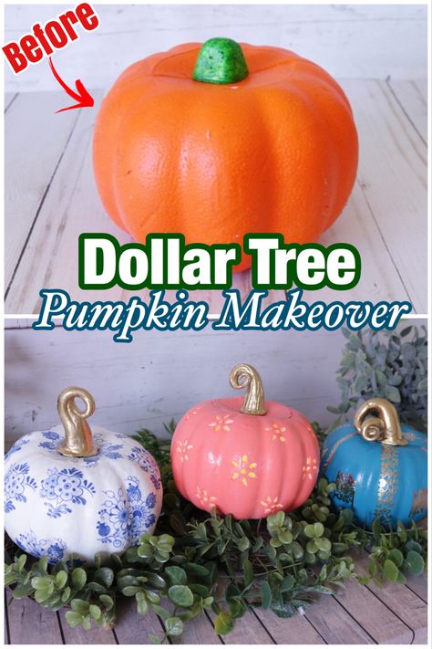 Dollar Tree Fabric Pumpkins, Faux Pumpkin Crafts, Diy Styrofoam Pumpkins, Decorating Foam Pumpkins, Styrofoam Pumpkin Decorating, How To Paint Foam Pumpkins, Pumpkin Tree Decorations, Foam Pumpkin Crafts Dollar Tree, Dollar Store Pumpkin Makeover