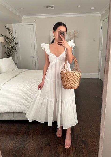 abercrombie petite white midi maxi dress maternity friendly Long Summer Dress Outfits, White Dress Outfit, Cute White Dress, Maxi Dress Outfit, Summer Outfit Ideas, Long Dress Casual, Summer Dress Outfits, White Dress Summer, Long Summer Dresses