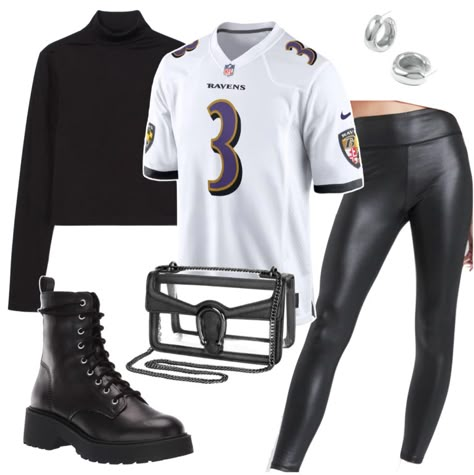 Jersey And Leggings Outfit, How To Style Football Jersey Outfit, How To Wear A Jersey, Cute Nfl Gameday Outfits, Nfl Winter Game Outfit, Baltimore Ravens Outfit Women, Nfl Game Day Outfit Black Woman, Nfl Jersey Outfit Women Style, Cold Nfl Game Outfit