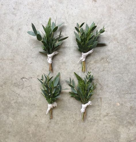 Simple Green Boutonniere, Simple Greenery Boutonniere, Leafy Bouquet Wedding, Pocket Square Boutonniere Greenery, Greenery Boutineer Groomsmen, Green White Boutonniere, Leafy Boutonniere, Italian Ruscus Boutonniere, Boutennaire Wedding