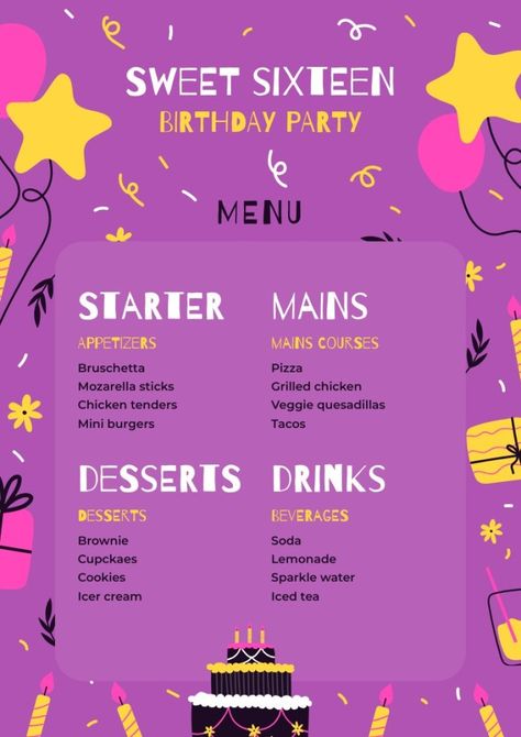 Hand-drawn Flat Sweet Sixteen Birthday Party Menu Sweet 16 Party Menu Food, Sweet 16 Party Schedule, Sweet 16 Menu Ideas Food, Sweet 16 Dinner Menu Ideas, Sweet 16 Dinner Party Restaurant, Sweet 16 Planner, Birthday Party Menu, Dessert Taco, Diner Menu