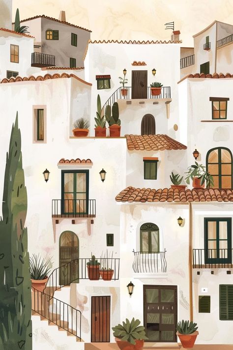 Image Town Watercolor Paintings, Balcony Illustration, Property Illustration, Islamic Clipart, Cozy Watercolor, Houses Illustration, Cozy Lights, Illustration House, Cozy Summer