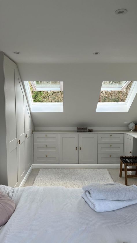 Vibrant Bedroom Ideas, Attic Space Ideas, Attic Master Suite, Vibrant Bedroom, Small Attic Room, Loft Conversion Bedroom, Built In Wardrobes, Attic Bedroom Storage, Attic Wardrobe