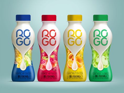 ROGO, Mixed fruit milk drink Juice Logo, Yogurt Packaging, Milk Brands, Bottle Design Packaging, Juice Packaging, Coffee Mix, Drinks Brands, Beer Packaging, Vegetable Drinks