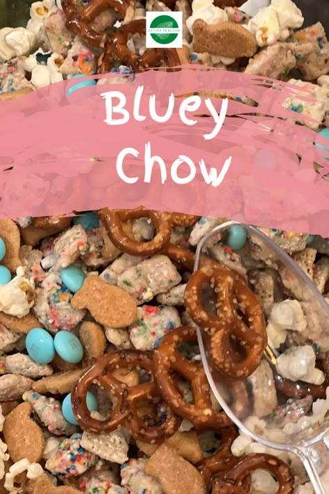 Bluey Puppy Chow Recipe, Bluey Birthday Favor Bags, Bluey Inspired Meals, Bluey Themed Treats, Bluey Birthday Party Goody Bags, Bluey Themed 3rd Birthday Party, Bluey Dessert Table Setup, Preschool Party Snacks, Bluey Snack Ideas