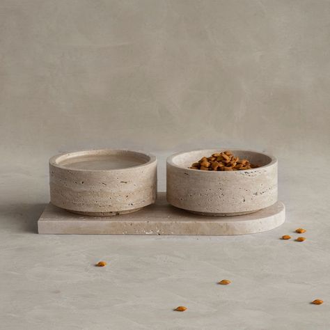 TRAVERTINE PET BOWL SET Ceramic Cat Bowl, Dog Accesories, Apartment Dogs, Puppy Accessories, Concept Shop, Travertine Stone, Cat Bowl, Luxury Pet, Pet Feeder