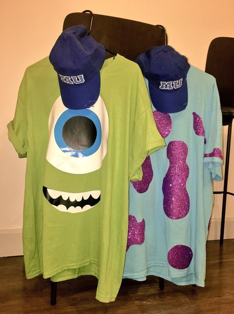 Monsters Inc. Halloween Costume idea DIY Monsters Inc Spirit Week, Monsters Inc Duo Costume, Monsters Inc Costume Ideas, Monsters Inc Dress Up, Easy Monsters Inc Costume, T Shirt Costumes Diy, Diy Cricut Halloween Costume, Monster Ink Costumes Diy, Sully Costume Women