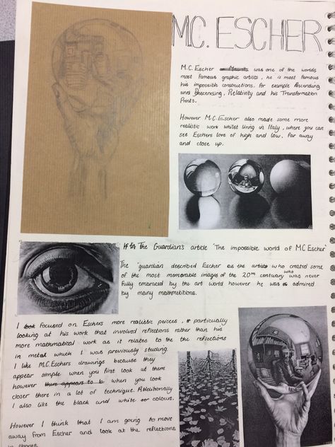 Mc Escher Artist Research Page, Mc Escher Gcse Art Sketchbook, Artist Research Page Gcse, Mc Escher Art, Art Igcse, Artist Research Page, Gcse Sketchbook, Artist Research, Igcse Art