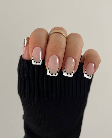 Homecoming Nails White French Tip, French Top With Design, French Tips Square With Design, Black And White French Tip Nail Designs, Pokadot Nails French Tip, Medium Square Gel Nail Designs, French With Dots Nails, Patterned French Tips, Short White Tip Nails With Design