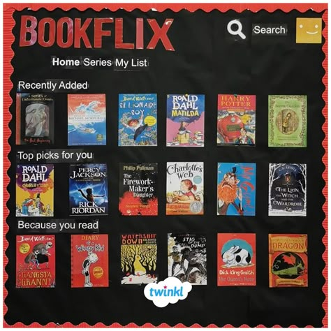 'Bookflix' 📚 This Netflix inspired reading display is a great way to get children excited about a range of different books and encourage them to be more adventurous! Create your own themed book corner with Twinkl's range of display packs, including our popular Book Barista Pack - click to download. #books #reading #readingdisplay #readingcorner #bookflix #netflix #classroomideas #classroominspiration #classroom #backtoschool #teachingideas #teachingresources #teacher #twinkl #twinklresources Bookflix Classroom Display, Book Corner Classroom Ks2, Reading Corner Classroom Ks2, Reading Display Ks2, Bookflix Display, School Library Themes, Book Corner Classroom, Book Corner Display, New Books Display