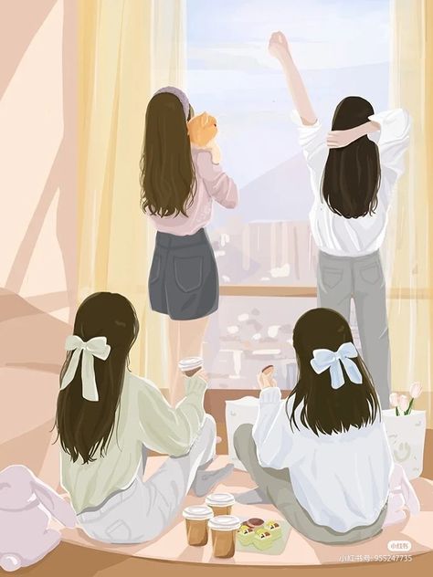 4girls Friends Cartoon, 4 Besties Aesthetic Anime, 4 Bff Anime, 3 Girls Drawing Friends, 4 Bestie Anime, Four Friends Aesthetic Cartoon, 4 Friends Illustration Art, Bestie Illustration, 4 Girls Drawing Friends