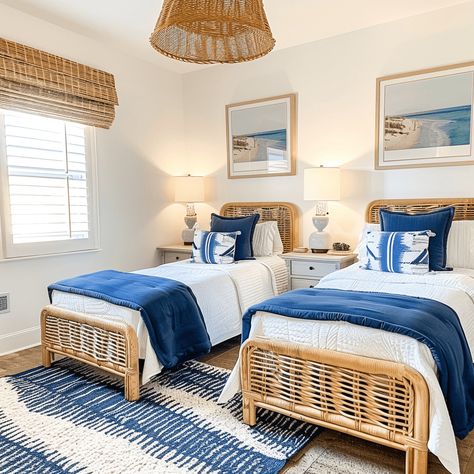 twin woven beds with white and navy bedding with beachy art on the walls Navy Beach Bedroom, Beach Bungalow Bedroom, Coastal Twin Bedroom Ideas, Bay House Decor Ideas, Beachy Kids Room, Beach House Master Bed, 3 Twin Beds In One Room, Woven Beds, Two Beds In One Room Ideas Adults