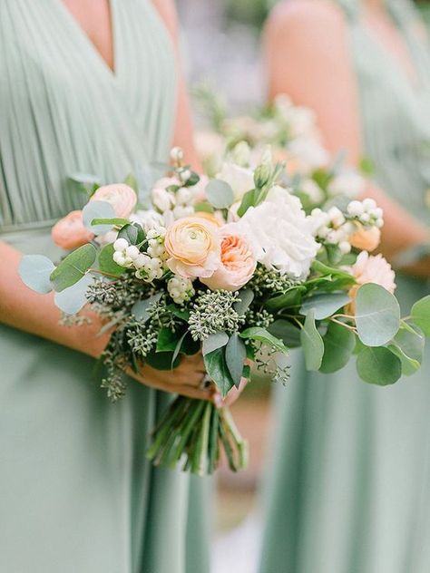 Wedding Flowers With Sage Dresses, Bridesmaid Dresses Peach, Fun Bouquet, Sage Green Bridesmaid Dresses, Bridal Bouquet Peach, Peach Wedding Colors, Peach Wedding Bouquet, Sage Green Bridesmaid, Peach Bridesmaid