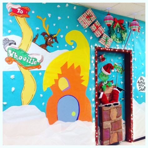 How “The Grinch” Stole Christmas! – Amazing Art Teacher Grinch Classroom Door, Grinch Classroom, Whoville Christmas Decorations, Christmas Hallway, Door Decorations Classroom Christmas, Christmas Door Decorating Contest, Grinch Decorations, Christmas Classroom Door, Grinch Christmas Party