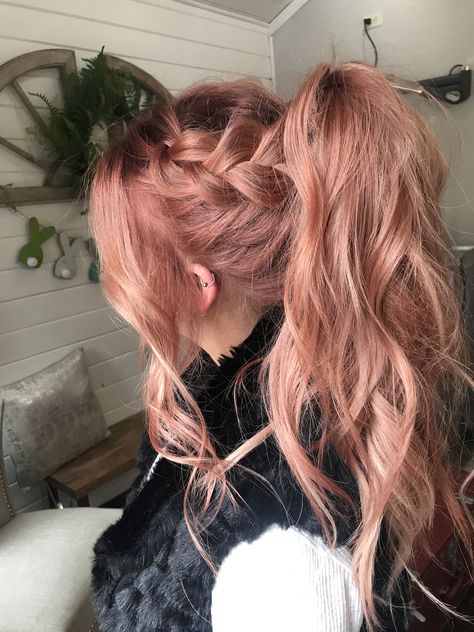 Rose gold hair , high pony , pink hair by me @painted.by.trista Pink Hair In Ponytail, Rose Gold Hair Aesthetic, Long Rainbow Hair, Dusty Rose Pink Hair, Brown Hair Pink Ends, Pink Hair Updo, Pink Hair Inspiration, Pink Hair Ponytail, Dusty Pink Hair