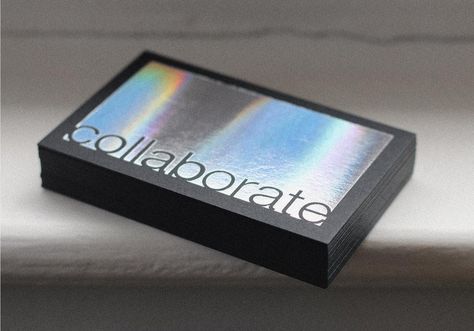 Collaborate business cards featuring Colorplan Ebony 700gsm with Foilco holographic foil. Chrome Business Card, Hologram Business Card, Holographic Foil Packaging, Holographic Graphic Design, Holographic Packaging, Clean Business Card Design, Hologram Printing, Holographic Print, Foil Business Cards