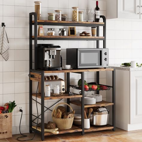 This rustic coffee rack combines a coffee bar table, buffet table, and storage racks to give you plenty of storage space. Ideally, it is your microwave stand, coffee bar cabinet, bakers rack, or spice rack organizer to support your kitchen goods. This coffee bar table is designed to organize your kitchen groceries neatly. This kitchen baker's rack can also be used as a bookshelf or office storage rack. Kitchen Storage, Microwave Stand, Bakers Rack, Kitchen Storage Rack, Power Outlet, Storage Rack, Coffee Bar, Outlet, Oven