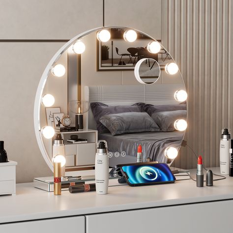 Hollywood Lighted Makeup Mirror, Vanity Mirror with Lights w/ 12pcs 3 Colors Light Dimmable LED Bulbs with 10X Magnification, Tabletop & Wall Mounted Mirror with Plug-in and USB Port Gift for Mother Hollywood Mirror With Lights, Vanity Set Up, Hollywood Makeup Mirror, Old Vanity, Hollywood Vanity Mirror, Vanity Mirror With Lights, Mirrors For Makeup, Hollywood Vanity, Hollywood Lights