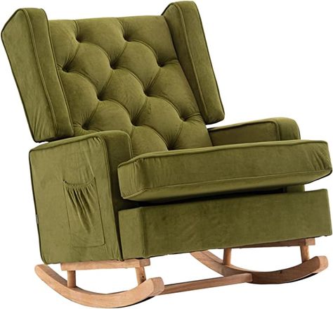 Green Velvet Rocking Chair, Retro Modern Living Room, Mid Century Modern Nursery, Nursery Rocking Chair, Modern Rocker, Nursery Rocker, Upholstered Rocking Chairs, Rocking Armchair, Wood Rocking Chair