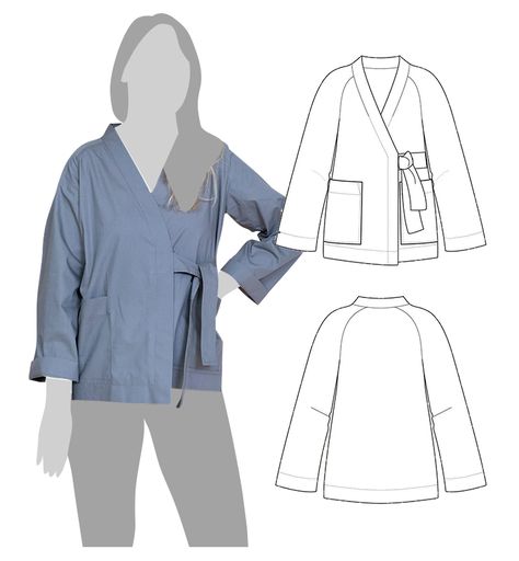 Sew your own workwear-inspired wrap jacket with raglan sleeves using this sewing pattern. The design offers a slightly oversized fit, large patch pockets for added functionality, and a tie closure, making it the perfect addition to your wardrobe. Sewing Pattern Wrap Top, Free Kimono Jacket Sewing Pattern, Avant Garde Sewing Pattern, Free Kimono Sewing Pattern, Kimono Outer Pattern, Kimono Top Pattern, Kimono Robe Sewing Pattern, Kimono Jacket Pattern Free, Modest Sewing Patterns