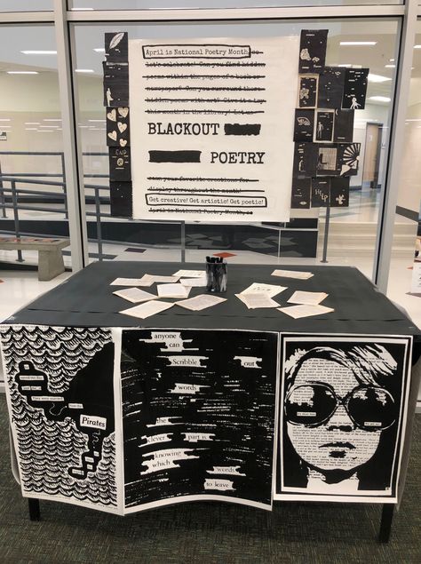 High School Library Displays Ideas, Classroom Library High School, Library Activity Ideas, National Poetry Month Library Display, Library School Ideas, High School Library Decor, May Book Displays, Poetry Library Display, May Library Displays